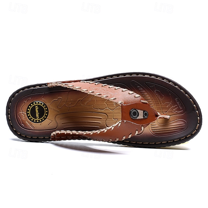Chanclas vintage de piel sintética marrón para hombre: sandalias de verano con punta abierta hechas a mano con suela antideslizante para playa, viajes y uso informal 2025 - $29.99 –P7