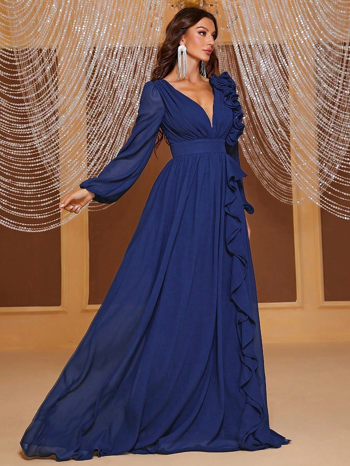 A-Line Evening Gown Elegant Dress Formal Wedding Floor Length Long Sleeve V Neck Chiffon with Ruffles Shouder Flower 2025 - $117.99 –P2