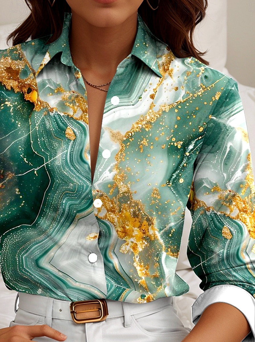 Chemise Femme Marbre Quotidienne Stylée À Manches Longues Col Hauts Quotidien Imprimé Boutons Vert Été Printemps de 2025 ? $32.99 –P2