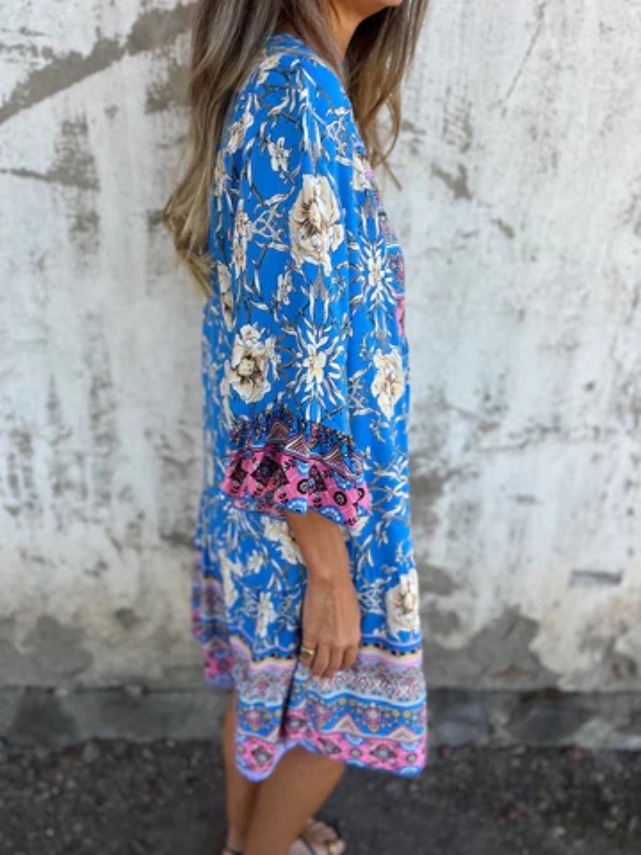 Damskie Sukienka midi Codzienne sukienki Sukienki w stylu boho Bohema Codzienny Boho Urlop Codzienny Plaża Luźna Kwiaty Rękaw 3/4 Kołnierzyk koszuli Granatowy Królewski błękit Fioletowy Lato Wiosna 2025 - $32.99 –P5