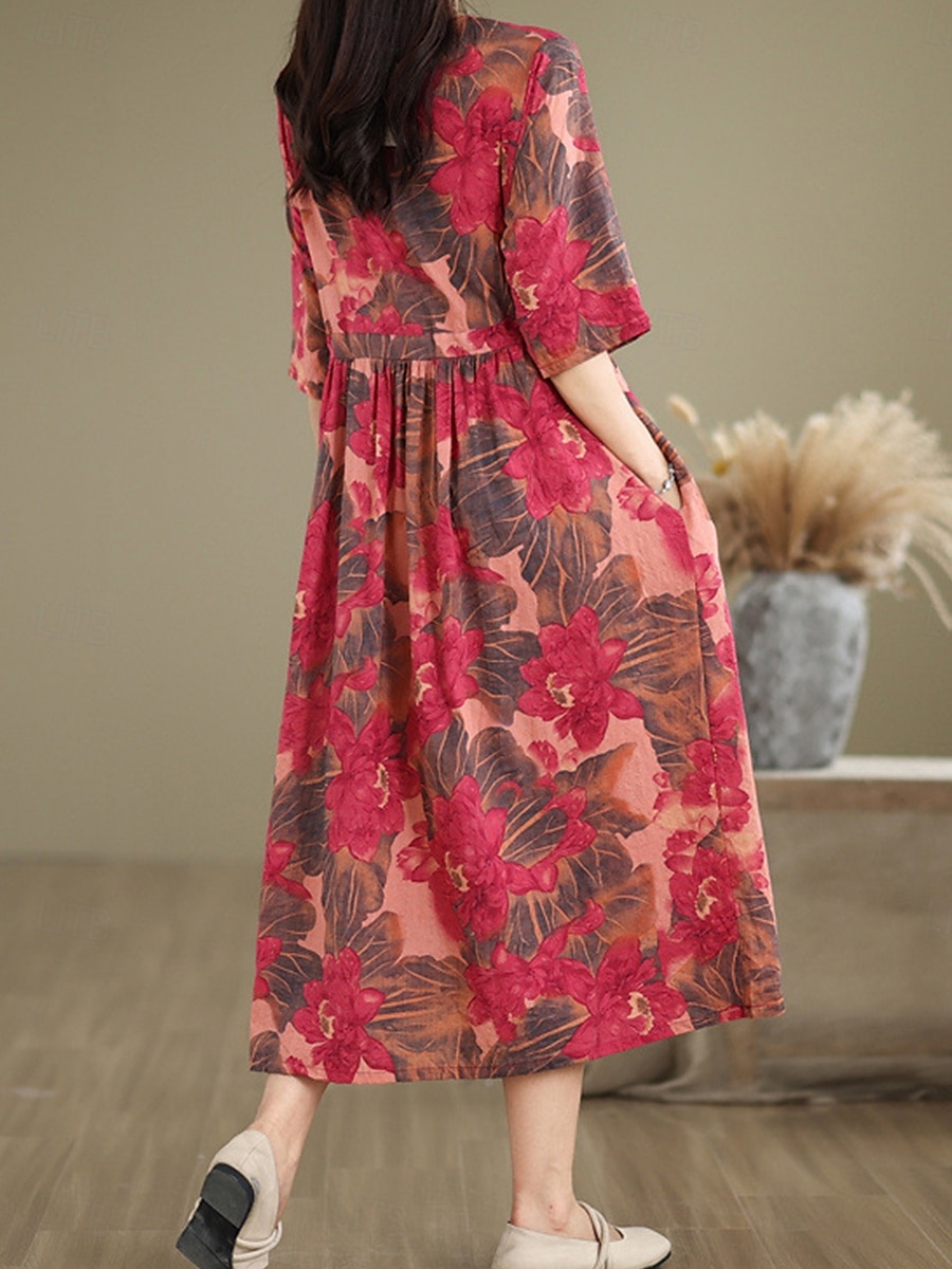 Damen Maxikleid Baumwoll-Leinen-Kleider Freizeitkleid Basic Lässig Urlaub Täglich Normale Passform Blumen Kurzarm V Ausschnitt Rote Sommer 2025 - $42.99 –P5