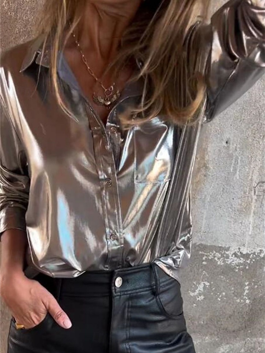 Mujer Camisa Blusa Color sólido Elegante lujoso Manga Larga Cuello Camisero Tops regulares Invitado a la boda Noche Botones Plata Beige Verano Primavera 2025 - $32.99 –P1