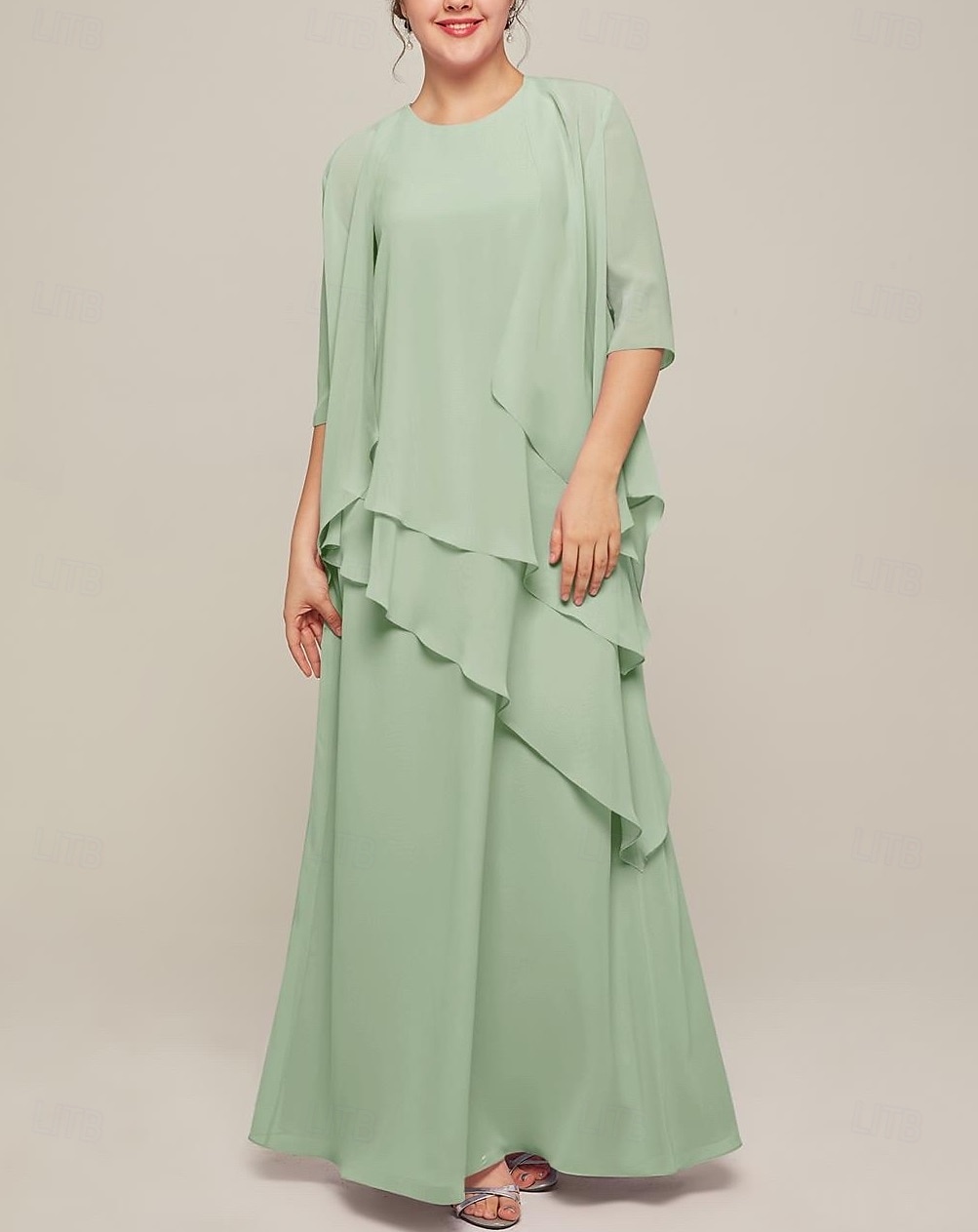 Abito Set Abiti Madre della Sposa Abito Elegante Vintage Collo Girocollo Lunghezza Pavimento Chiffon Maniche Lunghe Giacca Abiti con Volant Cascading in Pizzo 2025 del 2025 a $174.99 –P5