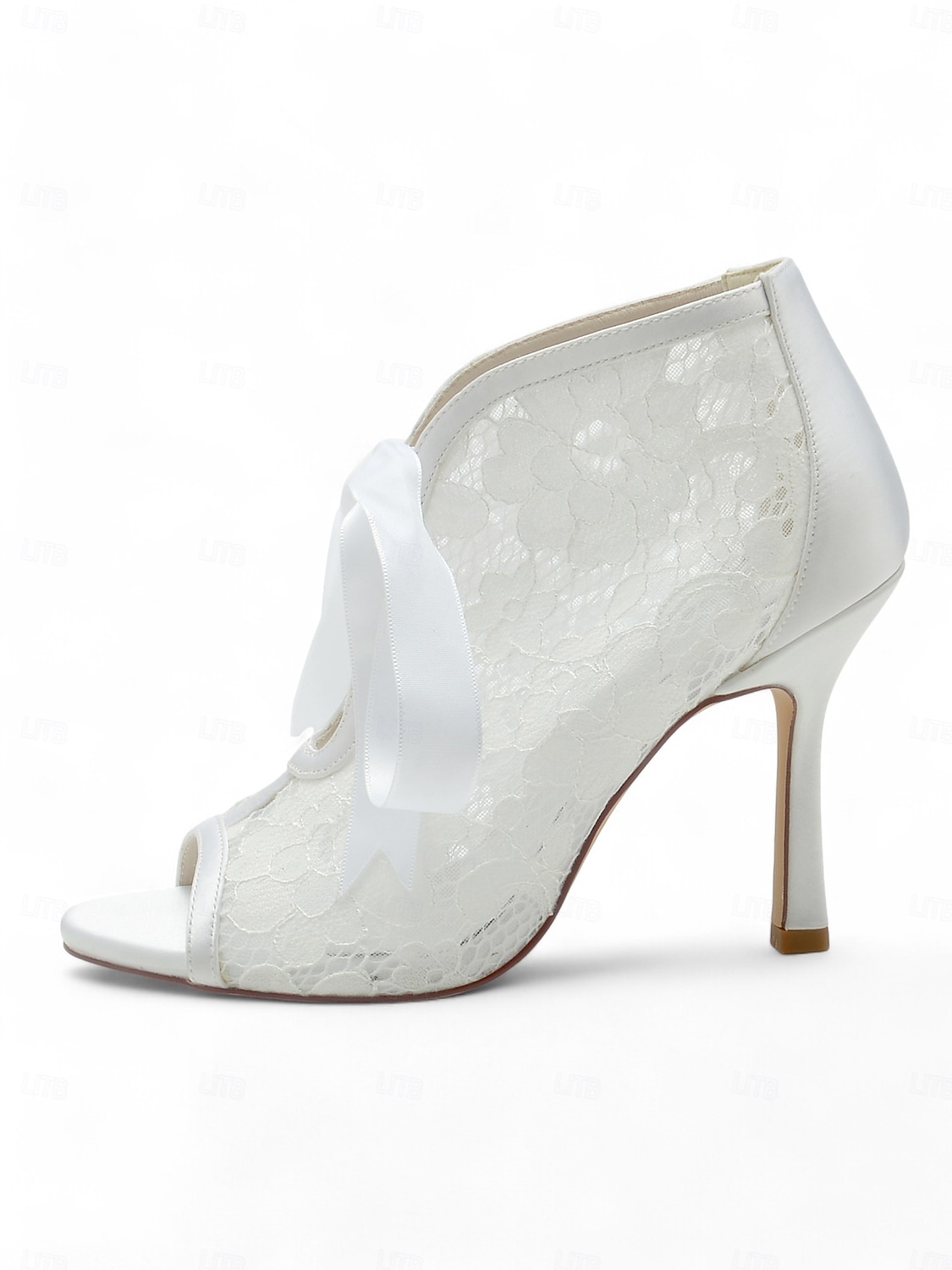 papuci de damă din dantelă albă cu vârf deschis la gleznă cu cravată panglică din satin – pantofi de mireasă eleganți cu toc înalt pentru mirese 2025 - $69.99 –P2