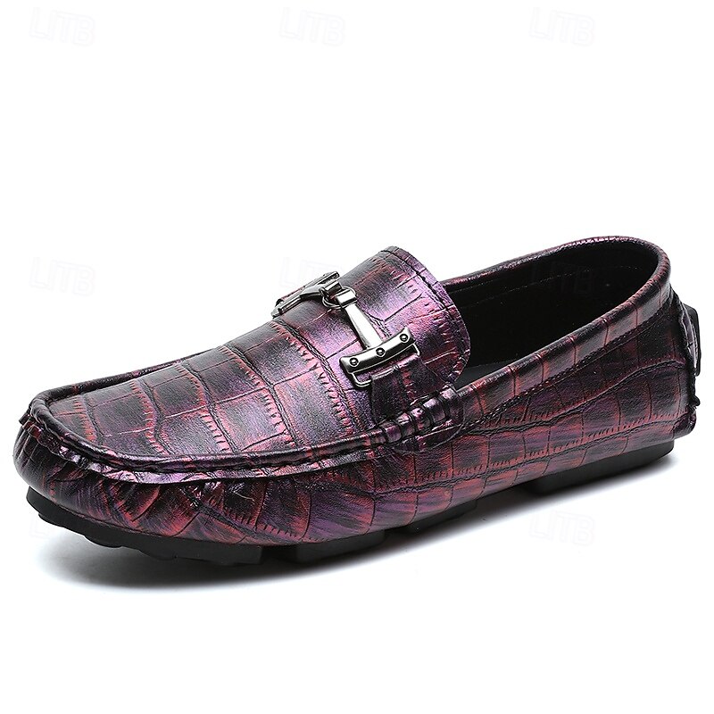 Men's Purple Crocodile Pattern Faux Leather Loafers Slip-On