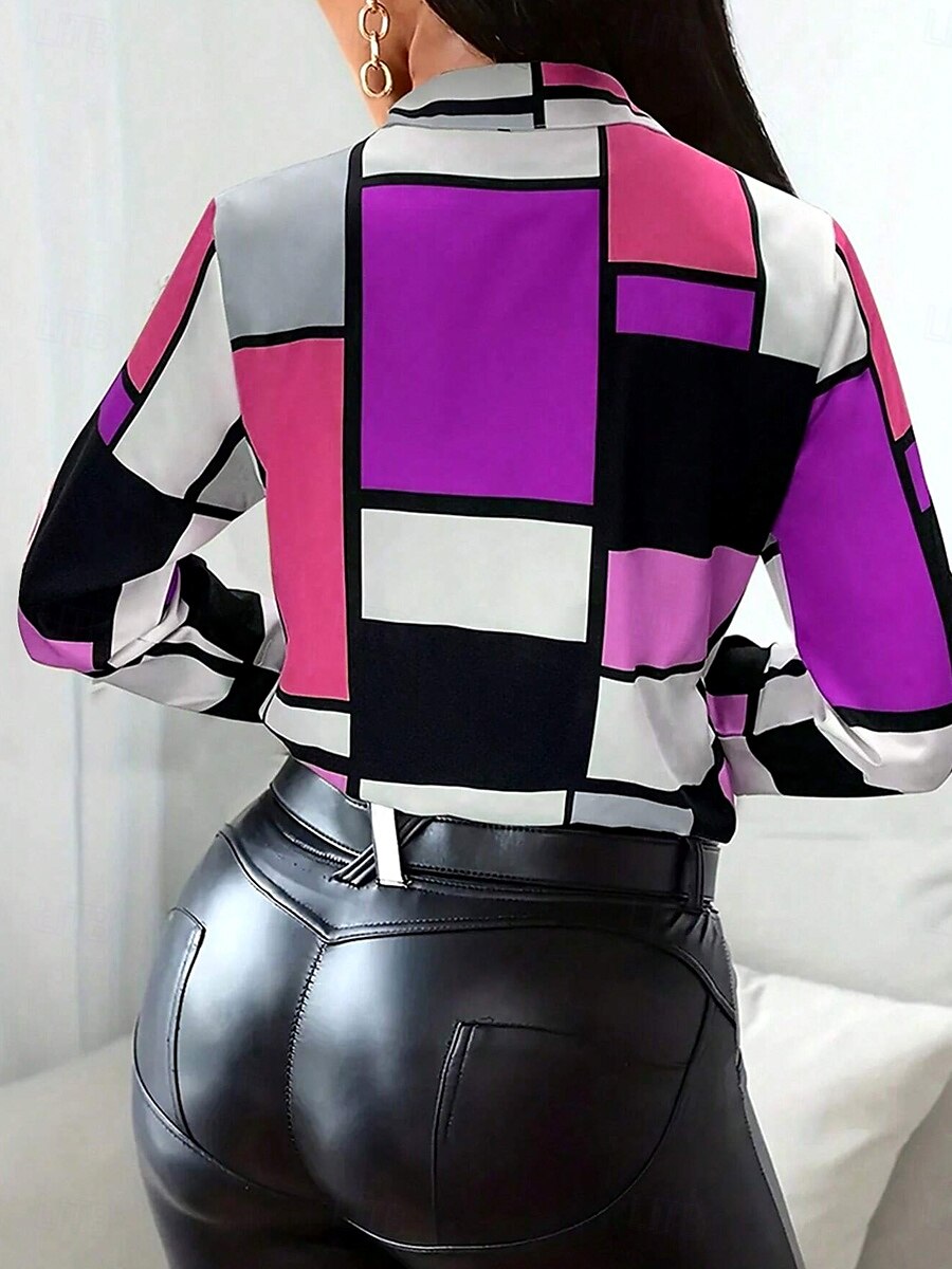 Womens ing Geometriai Napi Stílusos Hosszú Ujjú Ing Gallér Hosszú Felsők Munka Napi Gombok Nyomtatás Piros Lila Nyár Tavasz 2025 - $32.99 –P2
