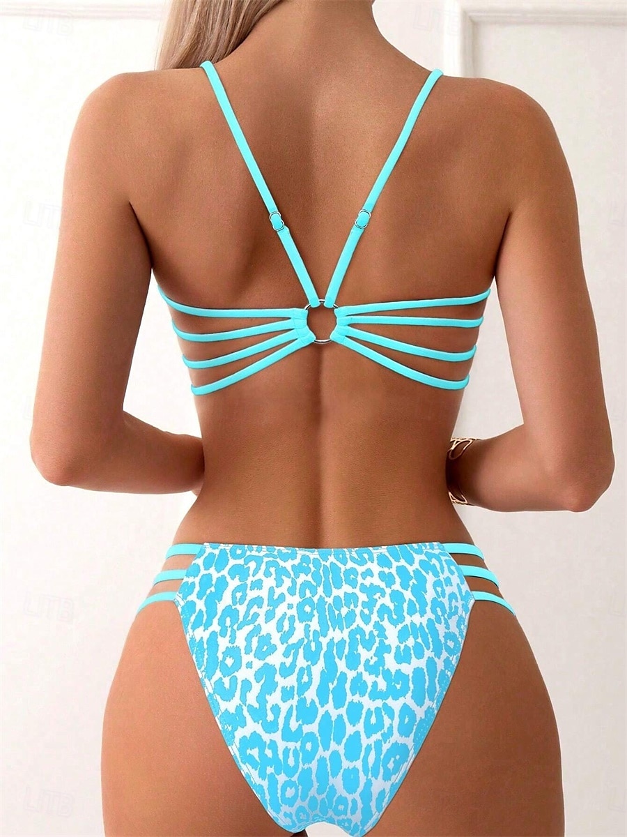Dam Badkläder Bikini Kaxig Baddräkt Öppen rygg Hög midja Smal Semester Standkläder Leopard V-hals Ärmlös Baddräkter 2025 - $23.99 –P2