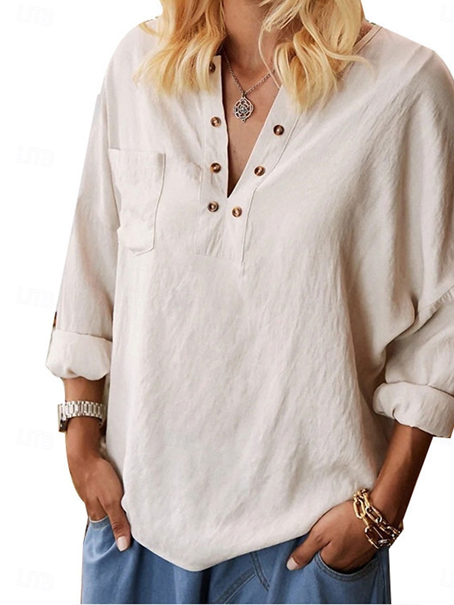 Dames Overhemd Blouse Katoenen linnen overhemden Effen Kleur Elegant Stijlvol Casual Lange mouw V-hals Normale tops Dagelijks Feestdagen Uitgaan Knop Beige Zomer Lente Herfst 2025 - $23.99 –P3
