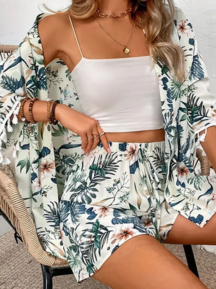 Dam Kostymer Andningsfunktion Bekväm Tofs Mönster Ledigt Blommig Semester Gata Dagliga kläder Utekväll Öppen front Normal Kraglös Normal 3/4 ärm Ytterkläder Vit Sommar Vår 2025 - $26.99 –P4