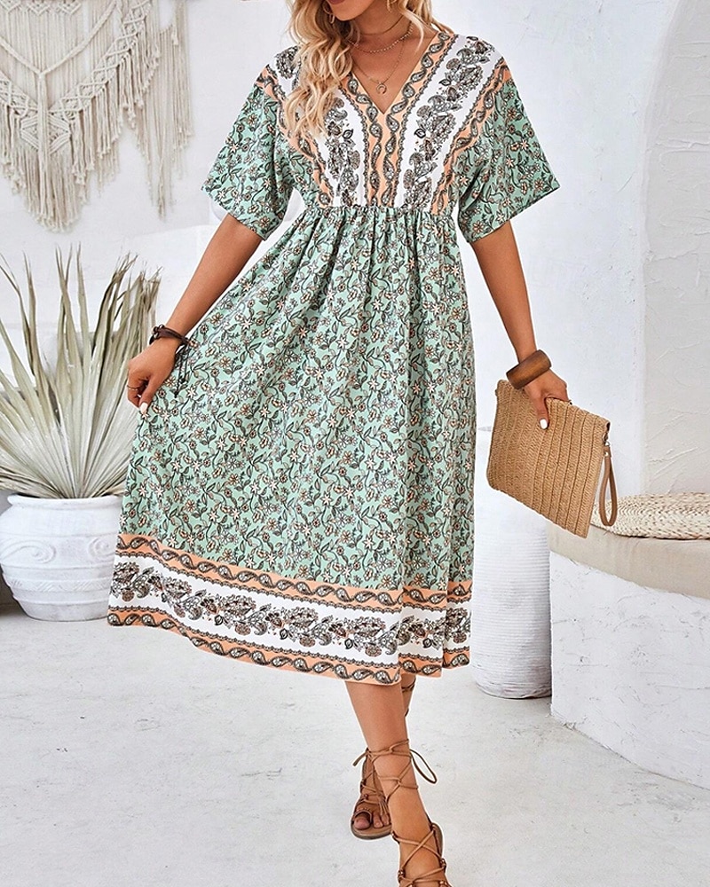 Femme robe longue Robe Trapèze Robe d'été robe boheme Elégant Hawaïen mode Vacances du quotidien Rendez-vous Standard Floral Manche Courte Col V Vert Eté de 2025 ? $25.99 –P6