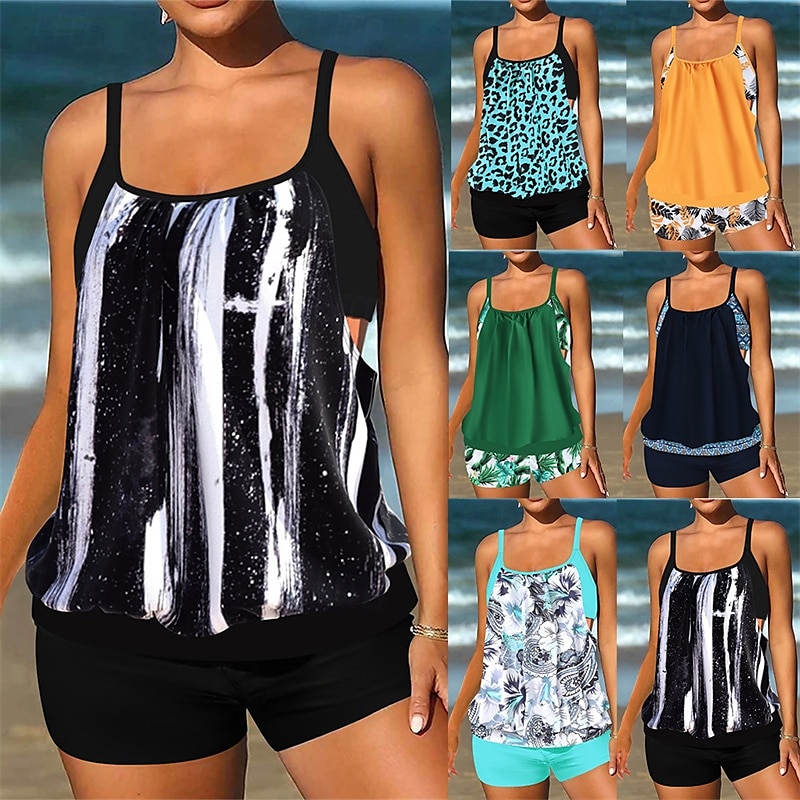 Dam Tankini Tvådelad baddräkt Brottarrygg Badkläder Blommig Badkläder Svart Blå Andningsfunktion Snabb tork Lättvikt Ärmlös - Simmning Surfing Strand Sommar Vår 2025 - $21.59 –P1