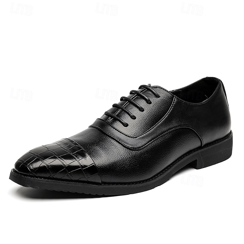 Men's Brown Faux Leather Oxford Shoes with Crocodile-Patterned Toe Cap – Lace-Up Design, Stylish and Comfortable for Casual or Formal Occasions 2025 - $42.99 –P7