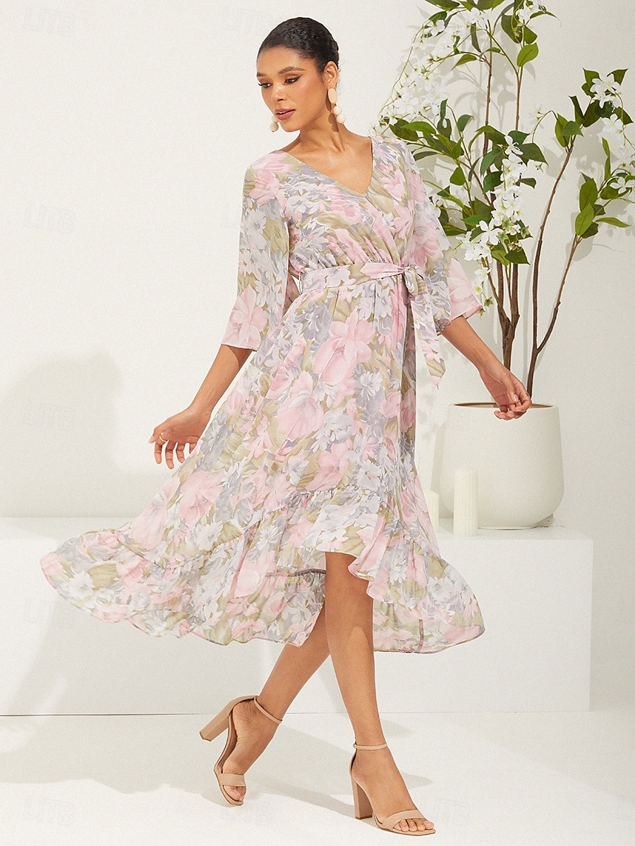 Damen kleid lang Chiffon-Kleid Elegant Stilvoll Flattrige Ärmel Hochzeit Urlaub Täglich Lockere Passform Blumen 3/4 Ärmel V Ausschnitt Rosa Sommer Frühling Herbst 2025 - $61.99 –P4