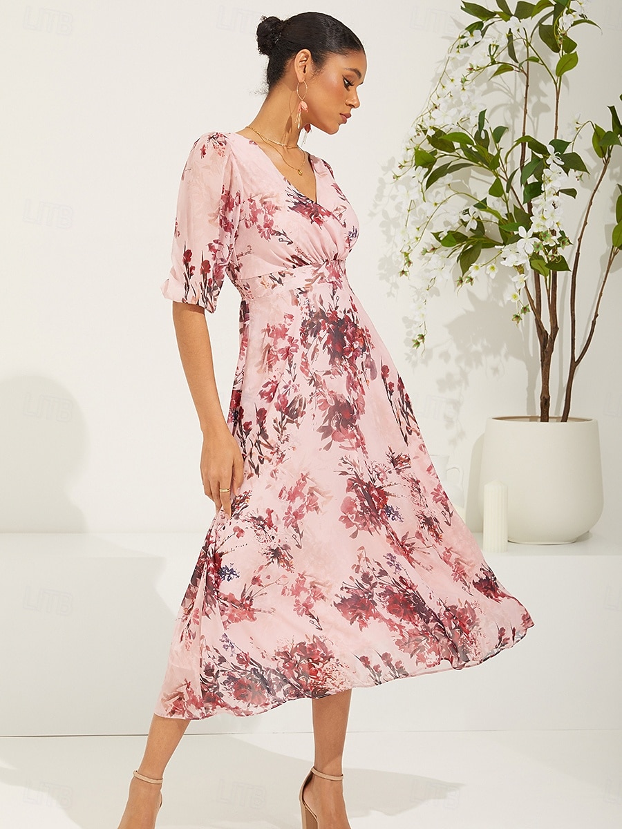 Dámské Midi šaty Šifonové šaty Elegantní stylové Nahoře nabírané Svatební Svatební host Denní Běžný Květinový Poloviční rukáv Do V Světlá růžová Léto Jaro Podzim 2025 - $59.99 –P4