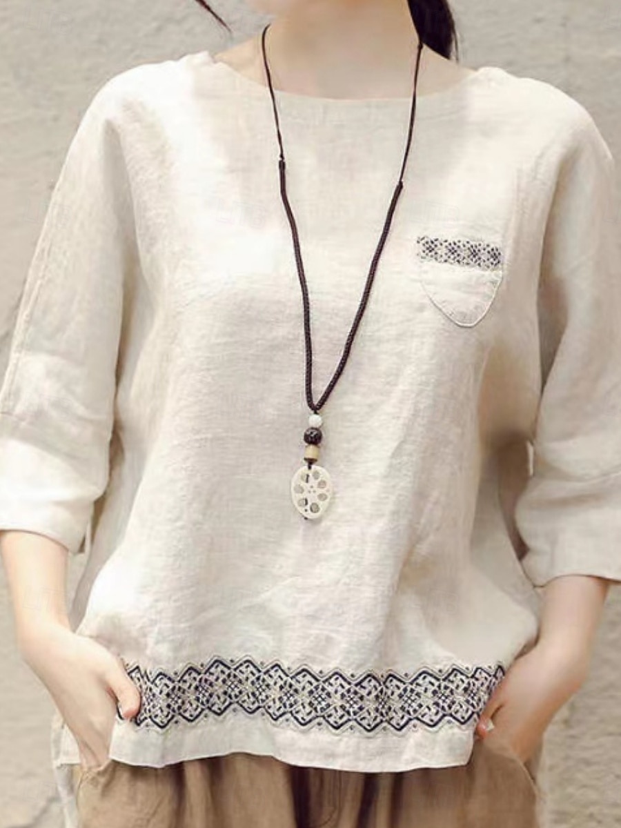 Damen Hemd Bluse Baumwoll-Leinen-Hemden Geometrisch Basic Lässig Dreiviertelarm Rundhalsausschnitt Normale Oberteile Täglich Patchwork Weiß Braun Grün Sommer Frühling 2025 - $21.99 –P1