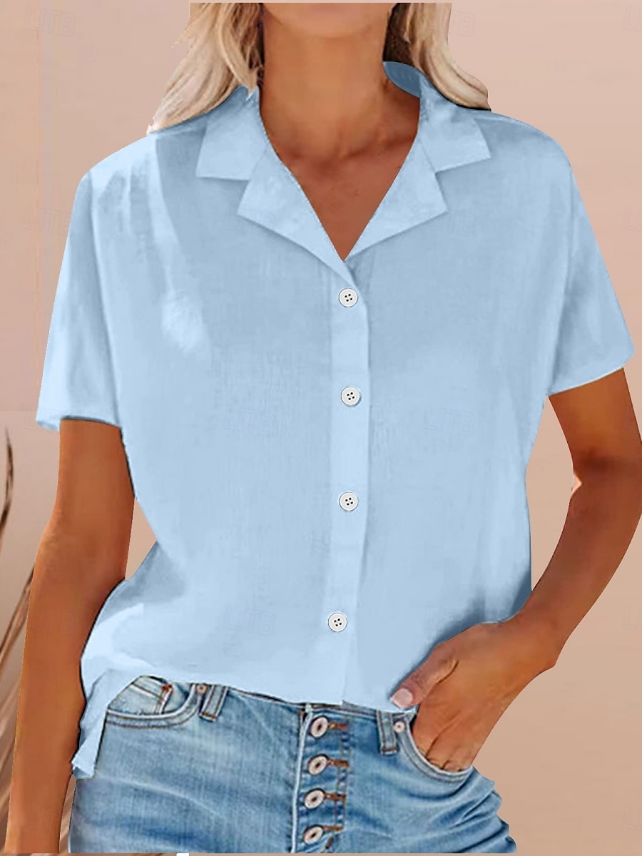 Damen Hemd Baumwoll-Leinen-Hemden Knopfleiste Bluse Einfarbig Stilvoll Lässig Kurzarm Hemdkragen Normale Oberteile Täglich Knöpfe Tasche Weiß Gelb Leicht Blau Sommer 2025 - $28.99 –P1