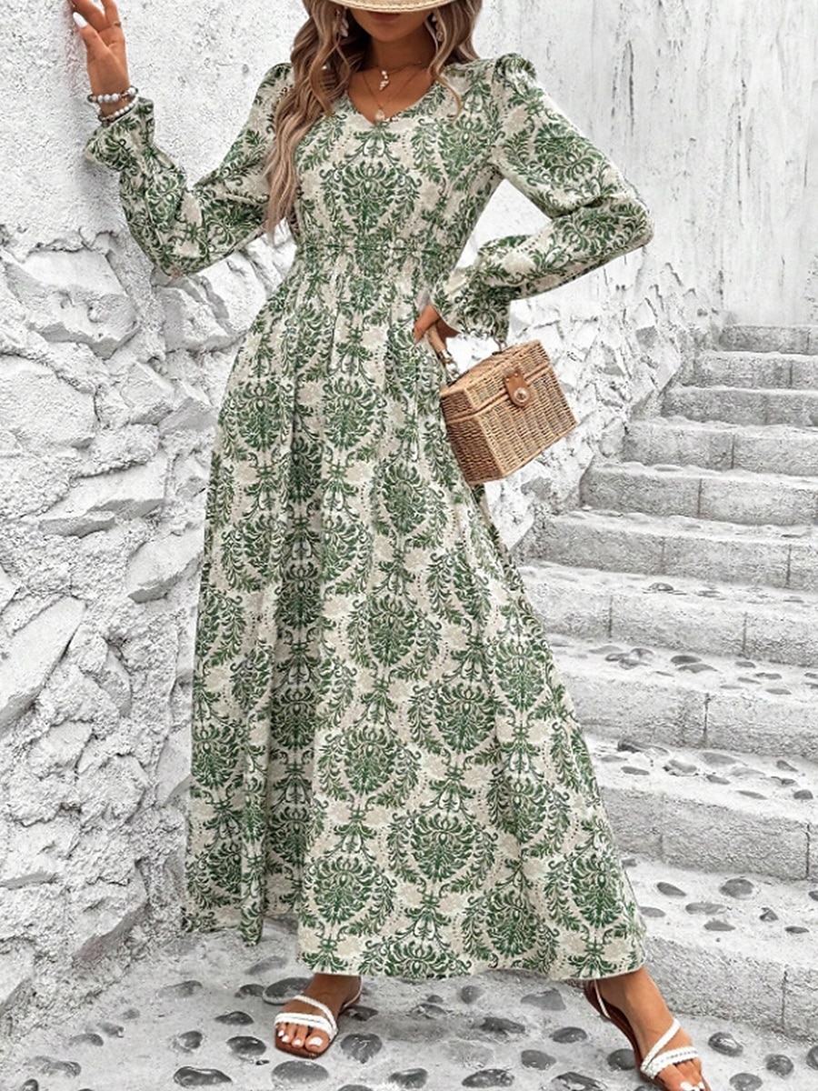 Damskie Sukienka maxi Sukienki w stylu boho Sukienka Boho Elegancki Codzienny Urlop Codzienny Regularny Kwiaty Długi rękaw W serek Czarny Zielony Khaki Wiosna Jesień 2025 - $32.99 –P4