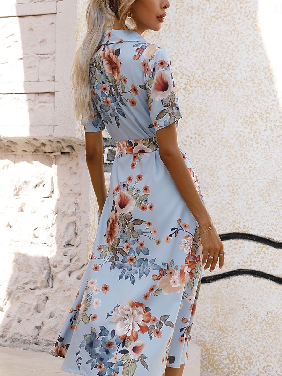 Dames Halflange jurk Casual jurk Elegant Stijlvol Casual Vakantie Dagelijks Normale pasvorm Bloemig Korte mouw Overhemdkraag Abrikoos Licht Blauw Zomer Lente 2025 - AU $48.79 –P11