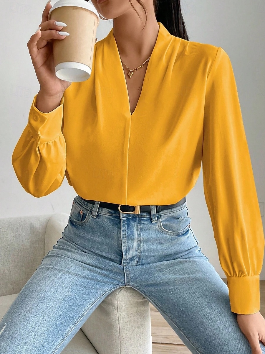 Dame Skjorte Bluse Helfarge Stilfull Fritid Langermet V-hals Vanlige topper Daglig Knapper Lomme Svart Hvit Gul Blå Grønn Sommer Vår 2025 - $31.99 –P29
