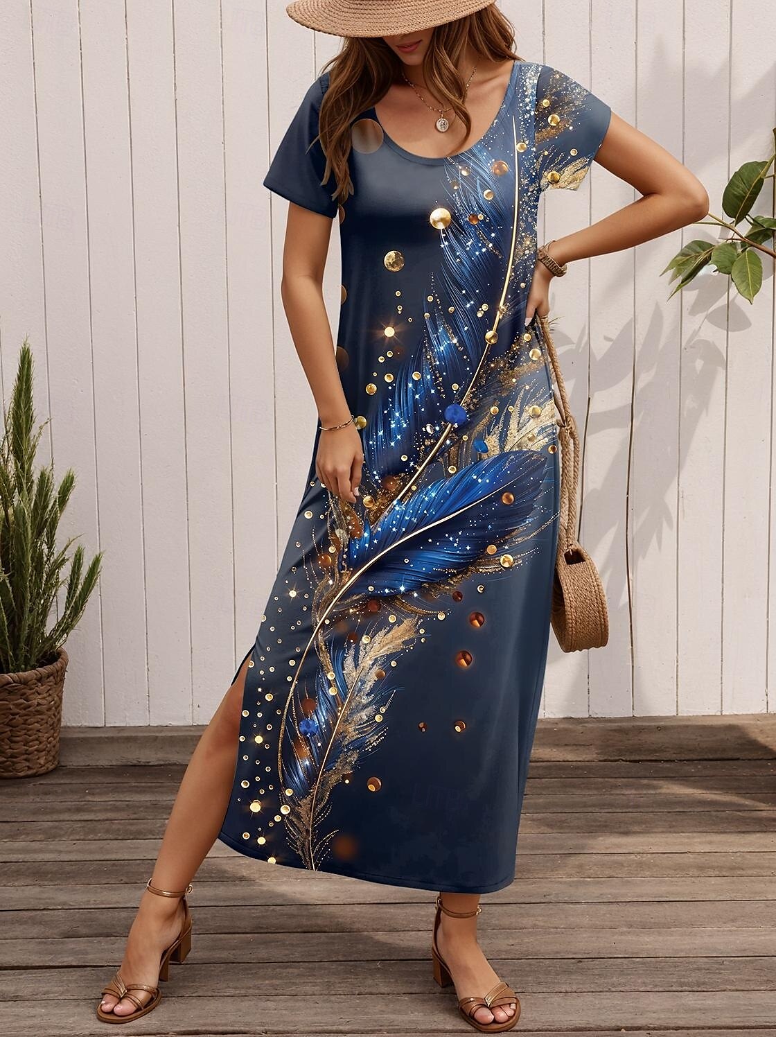 Dámské maxi šaty casual šaty sundress shift šaty stylové casual dovolená denní regular fit květinové krátký rukáv crew neck modrá jaro podzim 2025 - $27.99 –P2