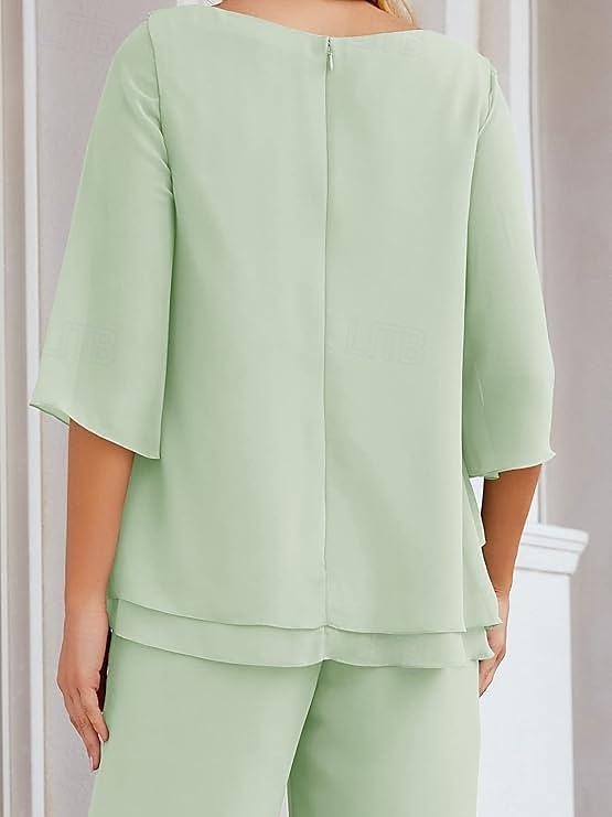 Jumpsuit  Broekpak Moeder van de Bruid Elegante Eenvoudige Boot Hals Vloerlengte Chiffon Halve Mouw met Ruffles Effen Kleur 2025 - $144.99 –P3