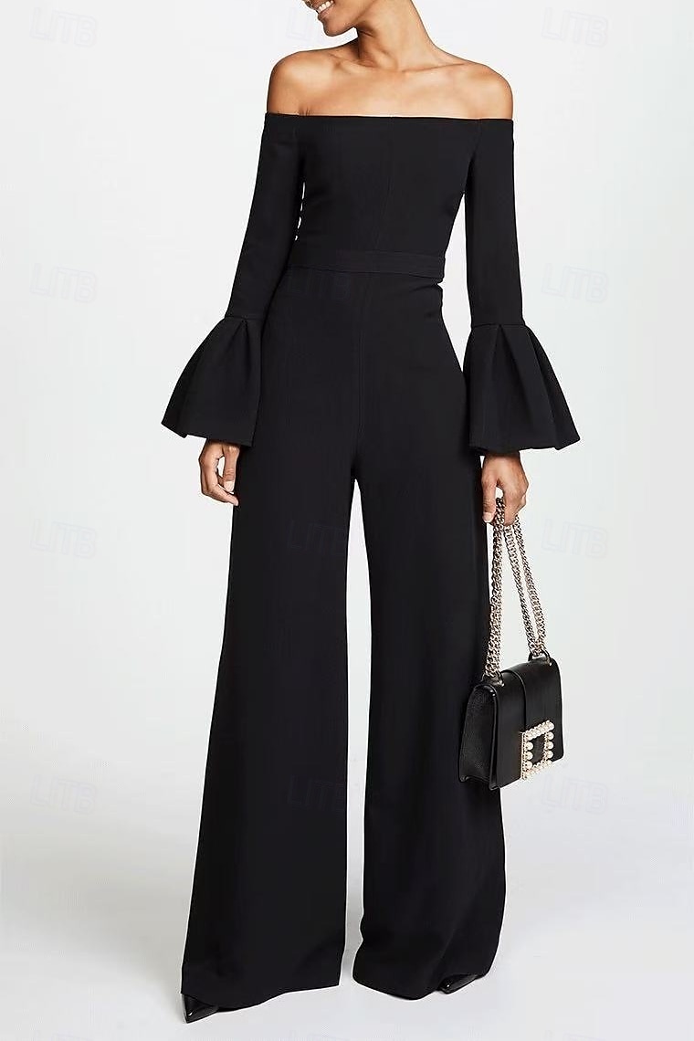 Jumpsuits Abendkleid Elegantes Kleid Abendparty Party Wear Bodenlang Lange Ärmel Off-Schulter Gürtel  Sash Baumwollmischung Rückenauschnitt mit Rüschen 2025 - $151.99 –P1