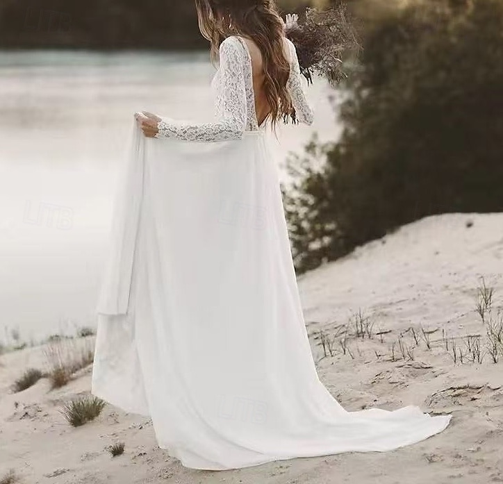 Robes de mariage boho à dos ouvert de plage A-Line décolleté en V col illusion manches longues traîne de cour costumes de mariée en chiffon avec ceinture  ruban de 2025 ? $173.99 –P2