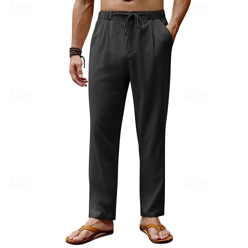 Men's Linen Pants Trousers Summer Pants Beach Pants Drawstring Elastic Waist Straight Leg Plain Comfort Breathable Full Length Daily Holiday Wedding Party Fashion Classic Style Black White 2025 - $20.99 –P6