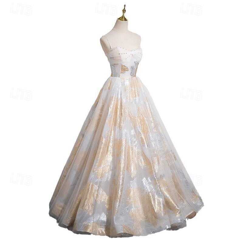 Floral Gold Ball Gown A-Line Prom Dresses Vintage Dress Formal Masquerade Floor Length Sleeveless Spaghetti Strap Tulle with Glitter Wedding Guest Dress 2025 - €106.19 –P5