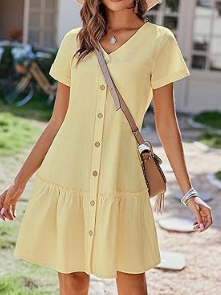 Femmes Mini Robe Robes en coton et lin Élégant Basique Occasionnel Quotidien Coupe régulière Uni Manche Courte Col en V Blanche Jaune Été de 2025 ? $22.99 –P5