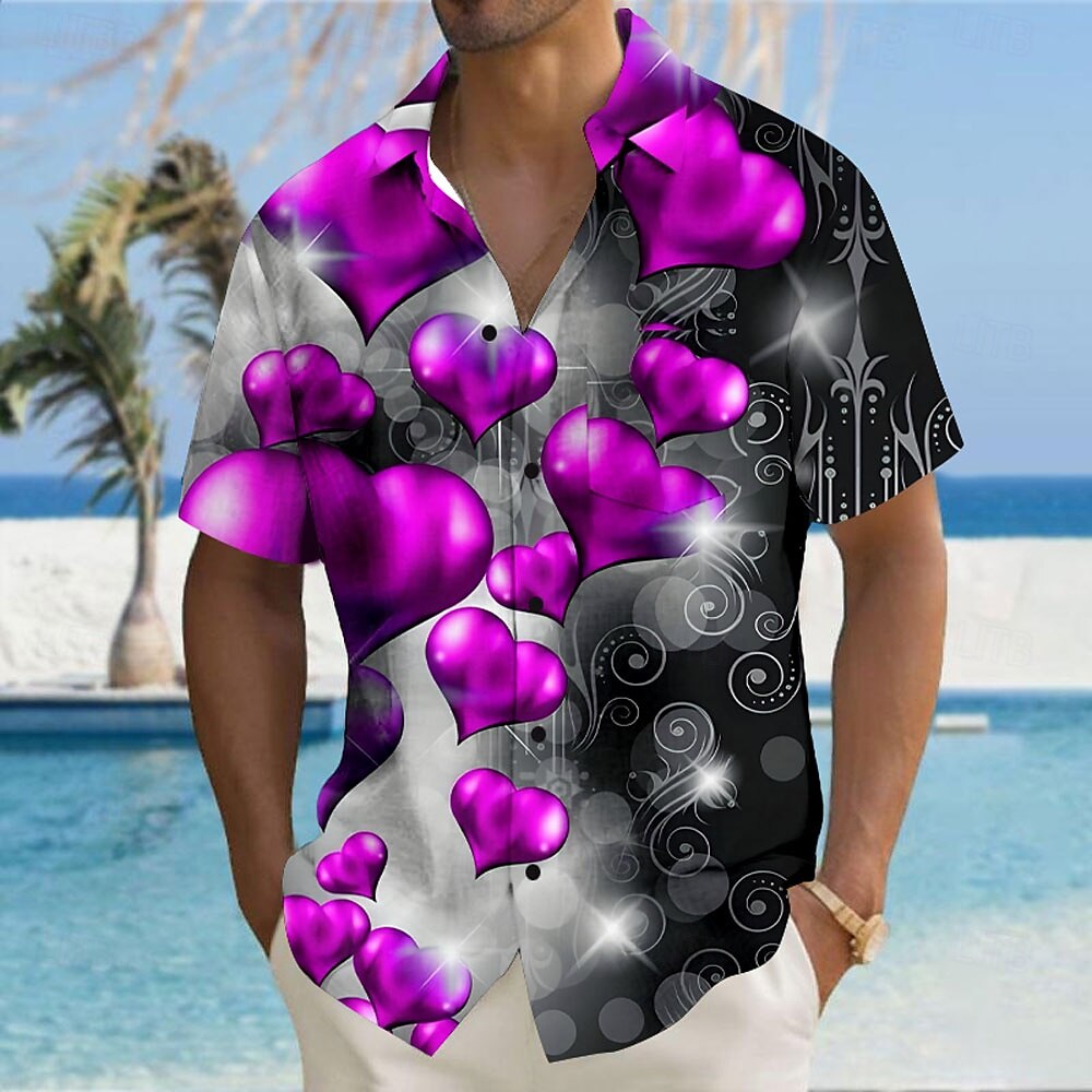 Valentinstag Herren Herz Liebe Farbverlauf Hemd Knopfhemd Kurzarm Modisch lässig Urlaub Geschenk Festtage Sommer Herbst Umlegekragen 3D-Druck Violett Dunkelrot Blau 1# Rote Helles Schwarz 2025 - $23.99 –P7