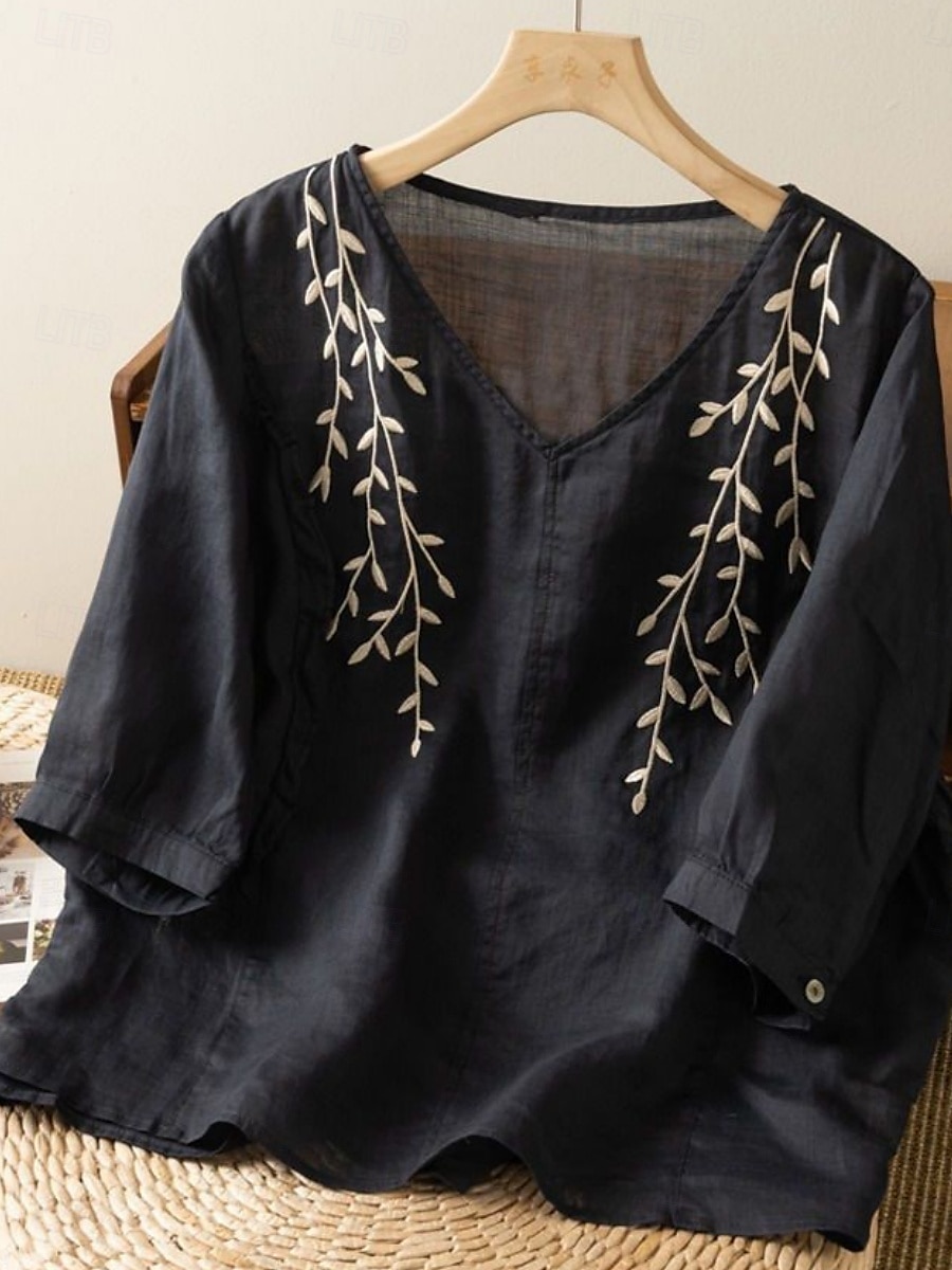 Cămașă de damă din bumbac și in, model floral, simplu, etnic, casual, mânecă 3/4, decolteu în V, croială regulată, topuri, zi de zi, brodat, galben, albastru marin, violet, portocaliu, caisă, vară 2025 - $17.99 –P16