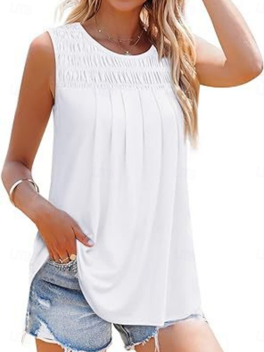 Dames Blouse Effen Kleur Basic Casual Mouwloos Strakke ronde hals Normale tops Dagelijks Met ruches Wit Blozend Roze Zomer 2025 - $22.99 –P7