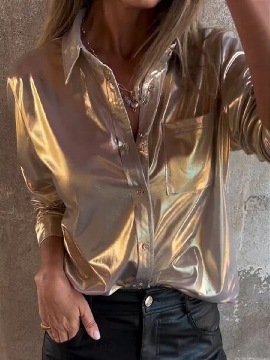 Mujer Camisa Blusa Color sólido Elegante lujoso Manga Larga Cuello Camisero Tops regulares Invitado a la boda Noche Botones Plata Beige Verano Primavera 2025 - $32.99 –P6