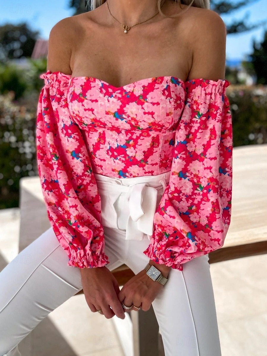 Dames Overhemd Blouse Afdrukken Blote rug Bloemig Stijlvol Casual Lange mouw Strapless Normale tops Dagelijks Zwart Wit Rood Paars Zomer Lente 2026 - $29.99 –P14