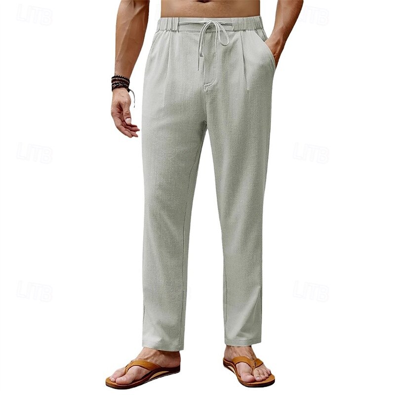 Men's Linen Pants Trousers Summer Pants Beach Pants Drawstring Elastic Waist Straight Leg Plain Comfort Breathable Full Length Daily Holiday Wedding Party Fashion Classic Style Black White 2025 - $20.99 –P8