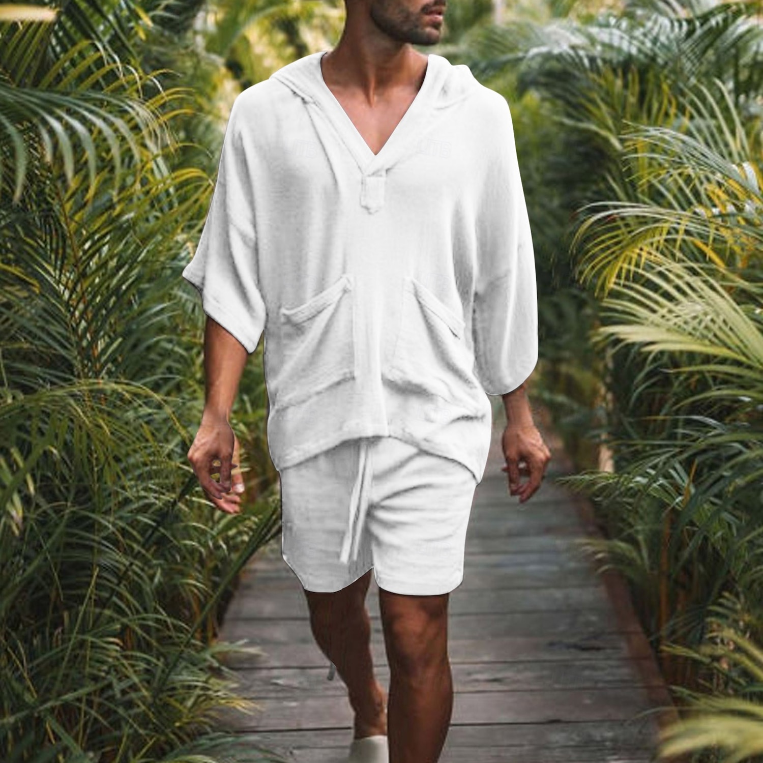 Men's Linen Set Shorts and T Shirt Set 2 Pieces Outfits Short Sleeve Hooded Summer Solid Color Beach Wear Casual 2 Piece Front Pocket Vacation Casual Black Pink White Top Tee for Men 2025 - $26.99 –P9