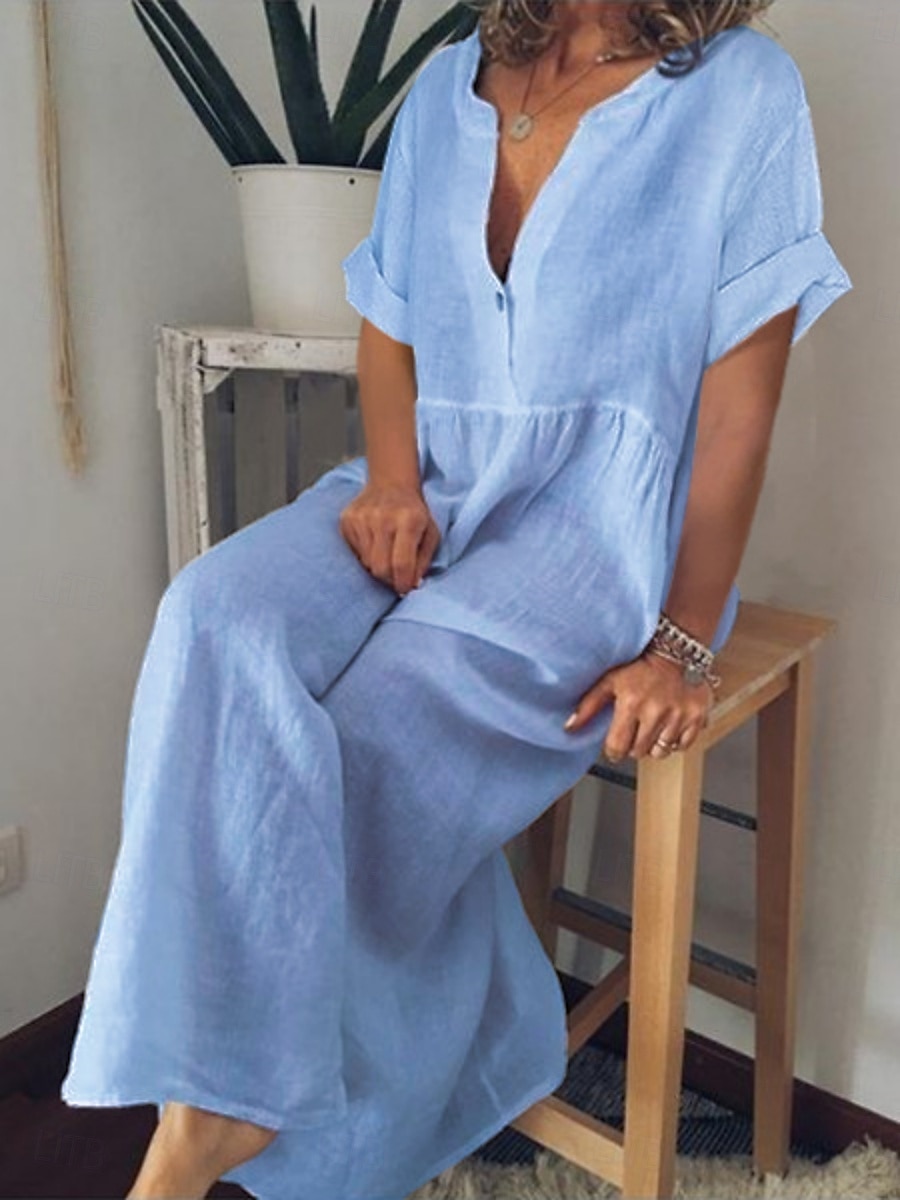 Women's Maxi Dress Cotton Linen Dresses Casual Dress Basic Casual Vacation Daily Regular Fit Plain Short Sleeve V Neck Black White Purple Light Blue Summer 2025 - $26.99 –P1