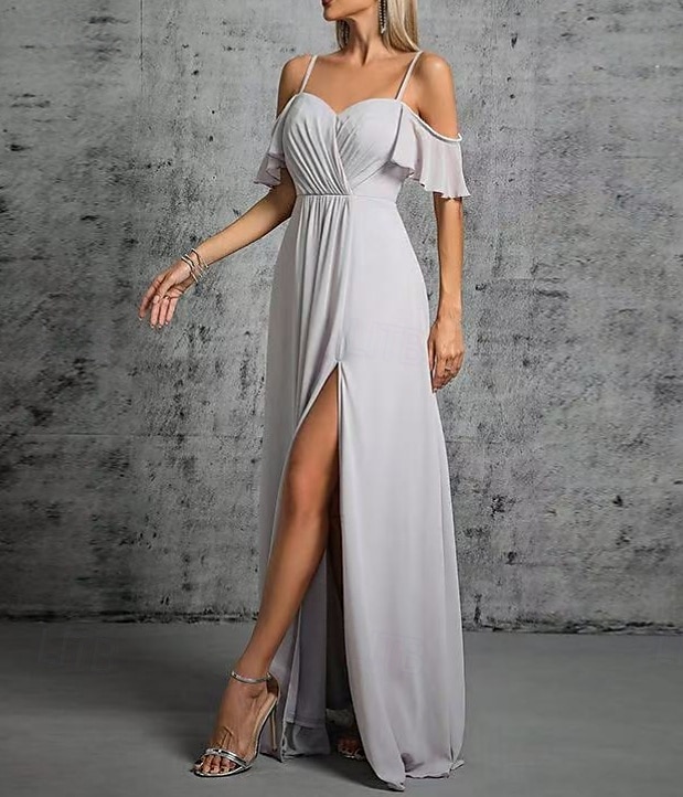 A-Line Bridesmaid Dress V Neck / Sweetheart / Spaghetti Strap Short Sleeve Elegant Floor Length Chiffon / Spandex with Ruffles / Draping / Ruching 2025 - $162.99 –P4