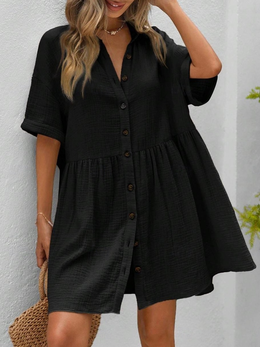 Robe-chemise courte pour femme, basique, décontractée, pour le quotidien, les vacances, coupe classique, manches courtes, col, noir, rose, abricot, été de 2026 ? $31.99 –P8