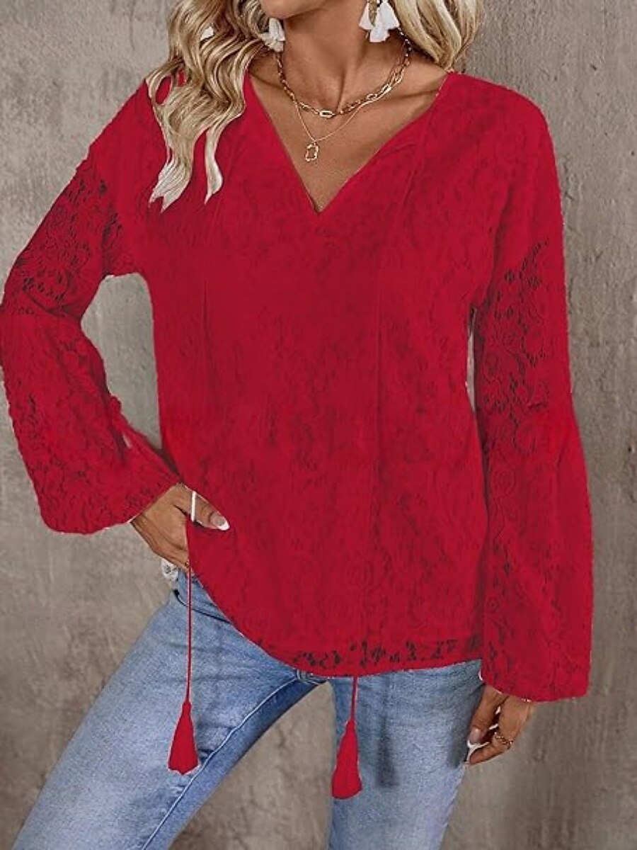 Top in pizzo bianco elegante da donna con occhiello blusa casual colore solido regolare maniche lunghe scollatura a V patchwork in pizzo regolare quotidiano romantico top petite estivi per le vacanze del 2025 a $34.99 –P5