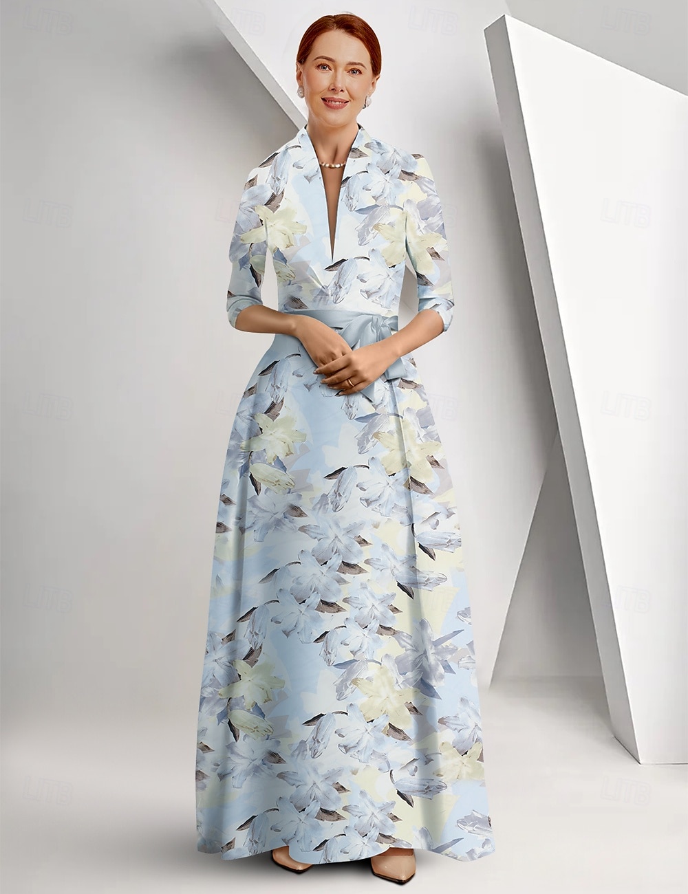 Sukienka matki panny młodej w stylu A-line elegancki nadruk kwiatowy królowa Anna długość do ziemi satynowe rękaw 3/4 z sukienką na dzień wyścigów sukienka dla gości weselnych 2025 - $185.99 –P5