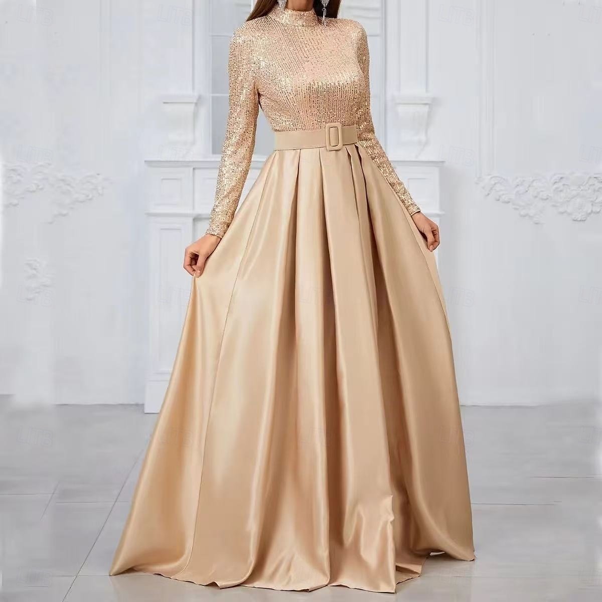 Rochie de seară tip A-Line rochie elegantă pentru petrecere rochie formală de gală cu lungime până la podea cu mânecă lungă cu gât rigid curea/sasch din amestec de bumbac cu spate cowl cu butoane 2025 - $167.99 –P5