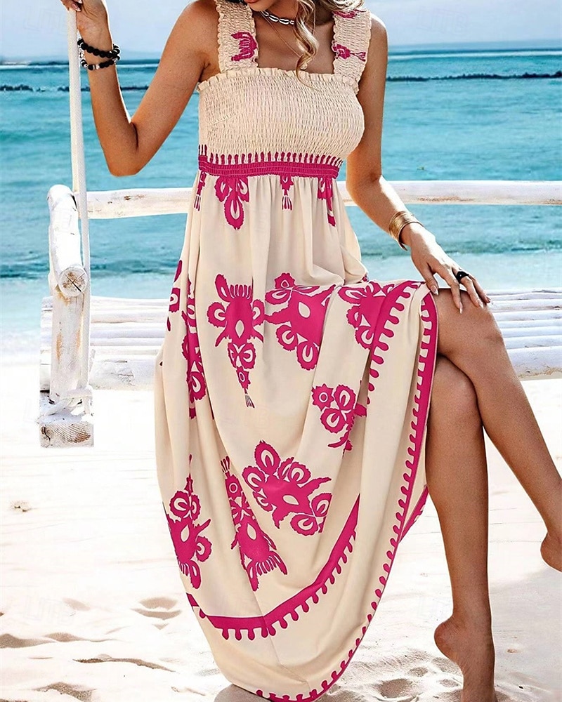 Femme robe longue Robe casual Robe Trapèze Robe d'été robe boheme Bohême Hawaïen mode Vacances du quotidien Rendez-vous Standard Graphic Sans Manches Col Carré Noir Rose Claire Rouge Vert Eté de 2025 ? $23.99 –P12