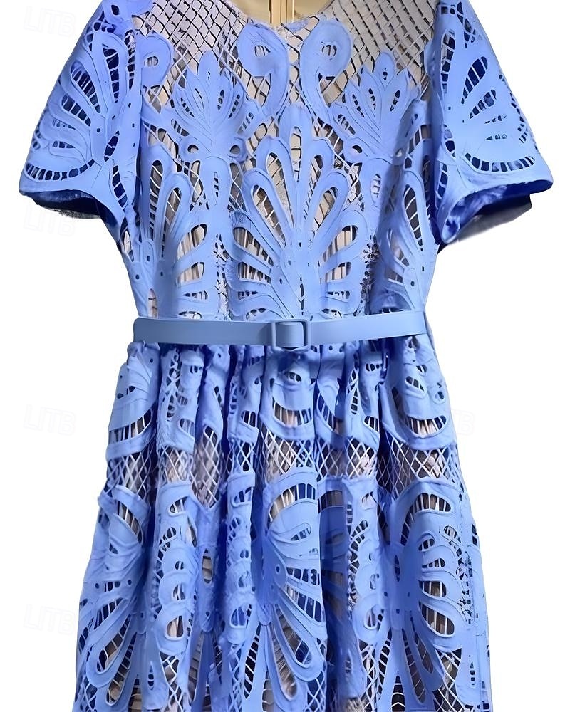 Blauwe cocktailjurk kant strandbruiloft A-lijn elegante jurk bruiloft gast jurk semi-formele feestkleding thee lengte midi lengte korte mouw afgeronde zoom met borduurwerk jurken 2025 - $169.99 –P4