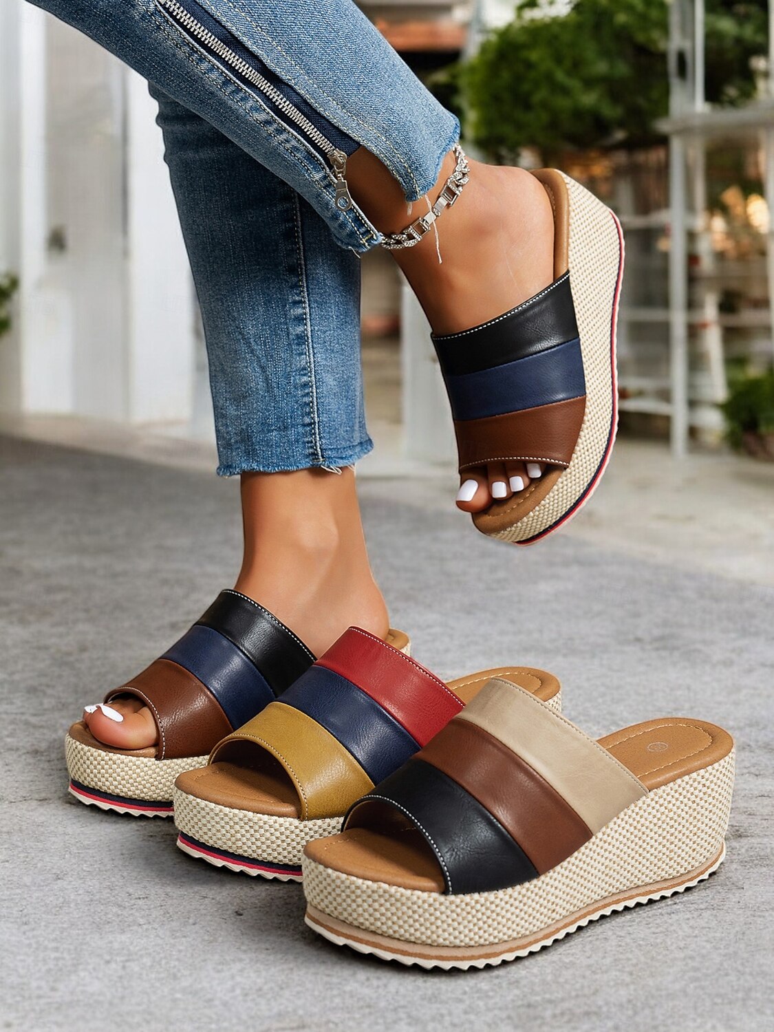 Sandalias de cuña con plataforma multicolor para mujer con punta abierta: zapatos de verano cómodos para salidas informales y vacaciones en la playa 2025 - $32.99 –P2