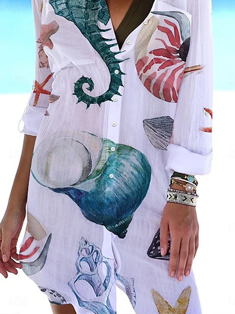 Kvinnors Mini Klänning Skjortklänning Täcka Upp Strandmode Mini Klänning Pockettryck Mode Avslappnat Fisk Vikbar 3/4 Längd Ärmar Lång Passform Utomhus Daglig Vit Blå 2023 Sommar Vår S M L XL 2025 - $46.99 –P7