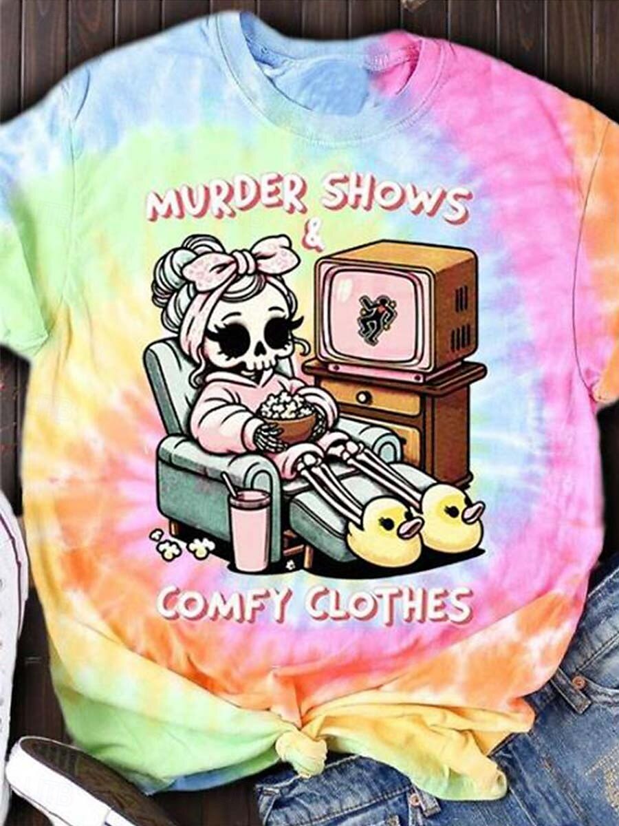 Damskie Podkoszulek Wzór tie-dye Litera Codzienny Krótki rękaw Okrągły dekolt Zwykłe topy Codzienny Nadruk Tęczowy Lato 2025 - $19.99 –P1