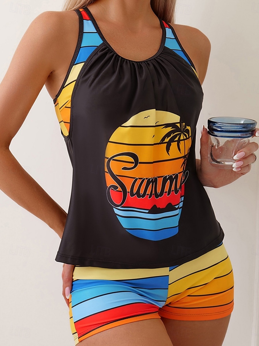 Női Fürdőruha Tankini 2 darab Fiú láb Fürdőruha Nyitott hátú Magas derék Szabadság Strandruházat Csík V-alakú Ujjatlan Fürdőruhák 2025 - $33.99 –P3