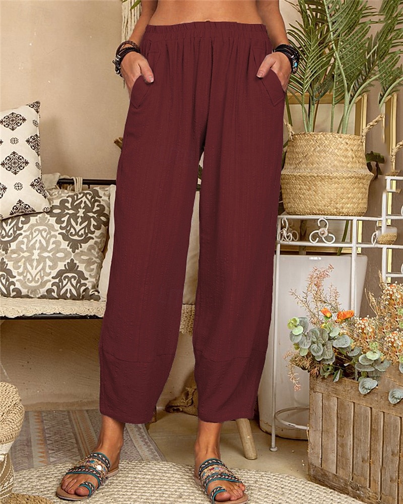 Women's Cotton Linen Pants Pants Trousers Lightweight Casual Ankle-Length High Rise Plain Pocket Breathability Comfortable Inelastic Casual Daily Weekend Wine Navy Black White Summer Spring Regular 2025 - $19.99 –P9